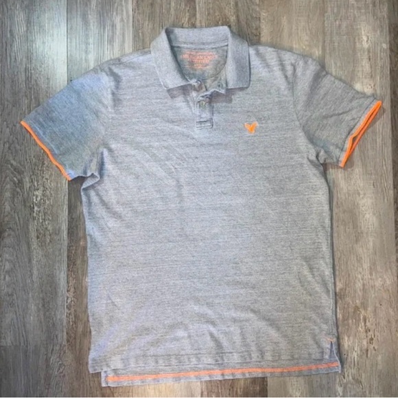 American Eagle Outfitters Athletic Fit Polo Shirt Gray Orange Trim XLT Cotton - Picture 2 of 13